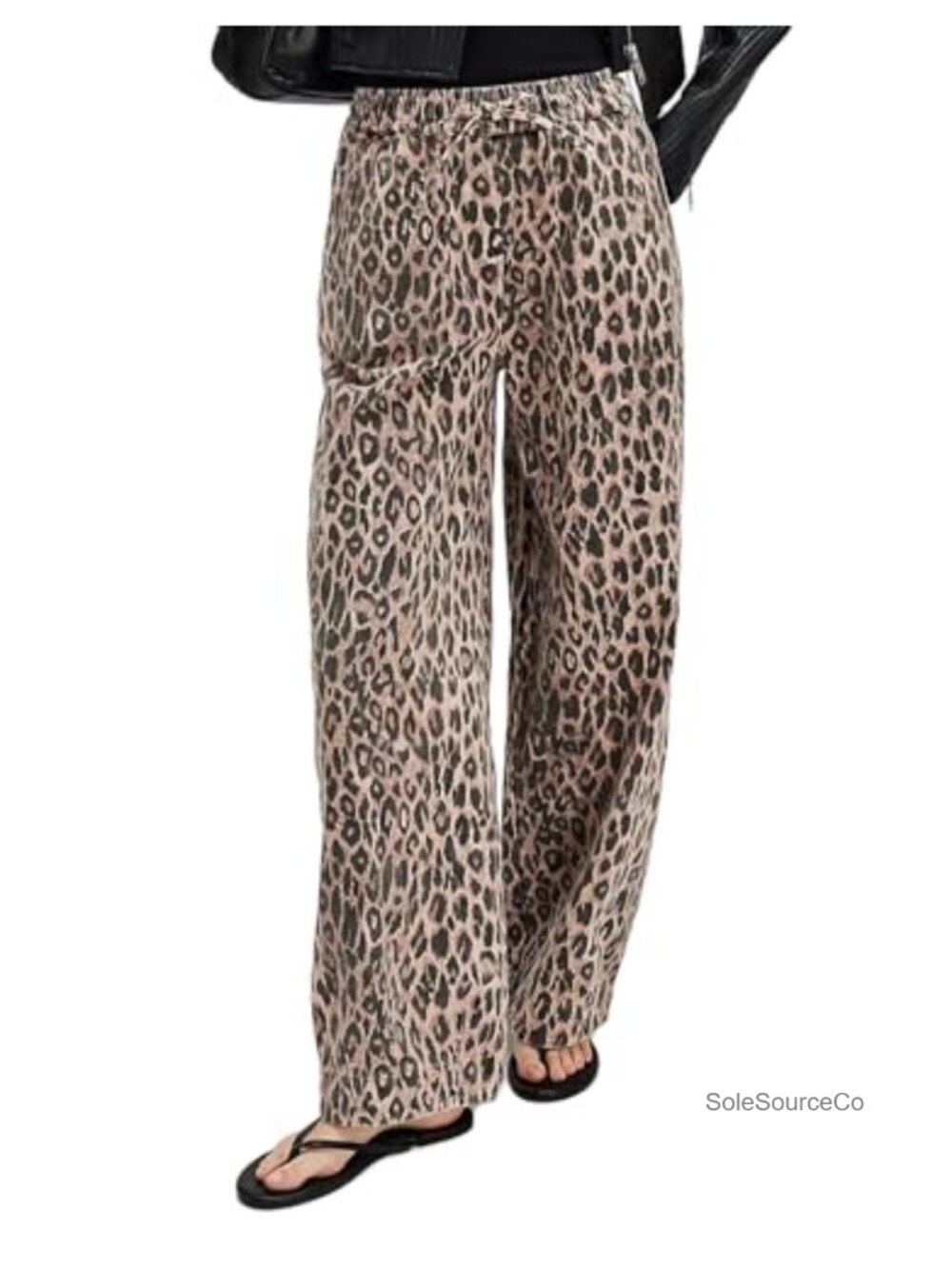 Kedera Barrel Leg Leopard Print Mid Rise Baggy Denim Jeans Drawstring Waist